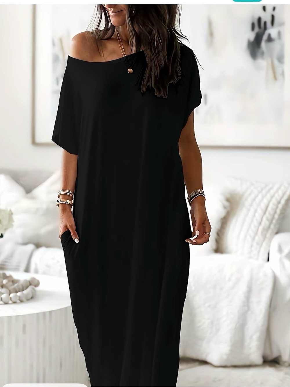 Black Off-Shoulder oversize Maxi Dress with Pocket